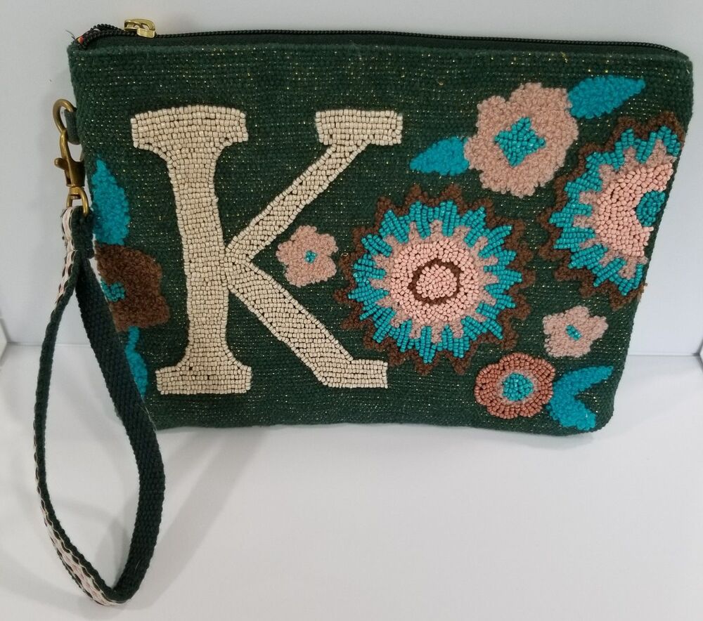America & Beyond Embroidered Wristlet Pouch “K” Initial – Boho Style